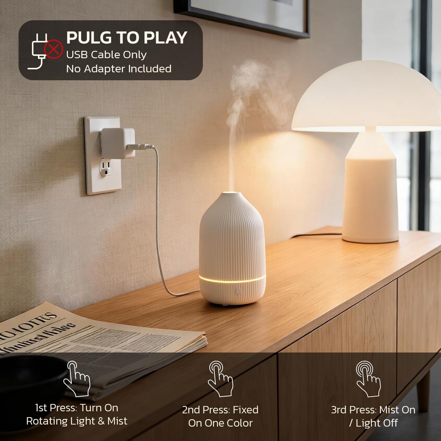 Essential Oil Diffuser, 100ml Aromatherapy Diffuser, Mini Ultrasonic Diffuser for Essential Oil, Home, Office, Cool Mist Humidifier with 7 Led Light, Auto Shut-Off, White - Image 3