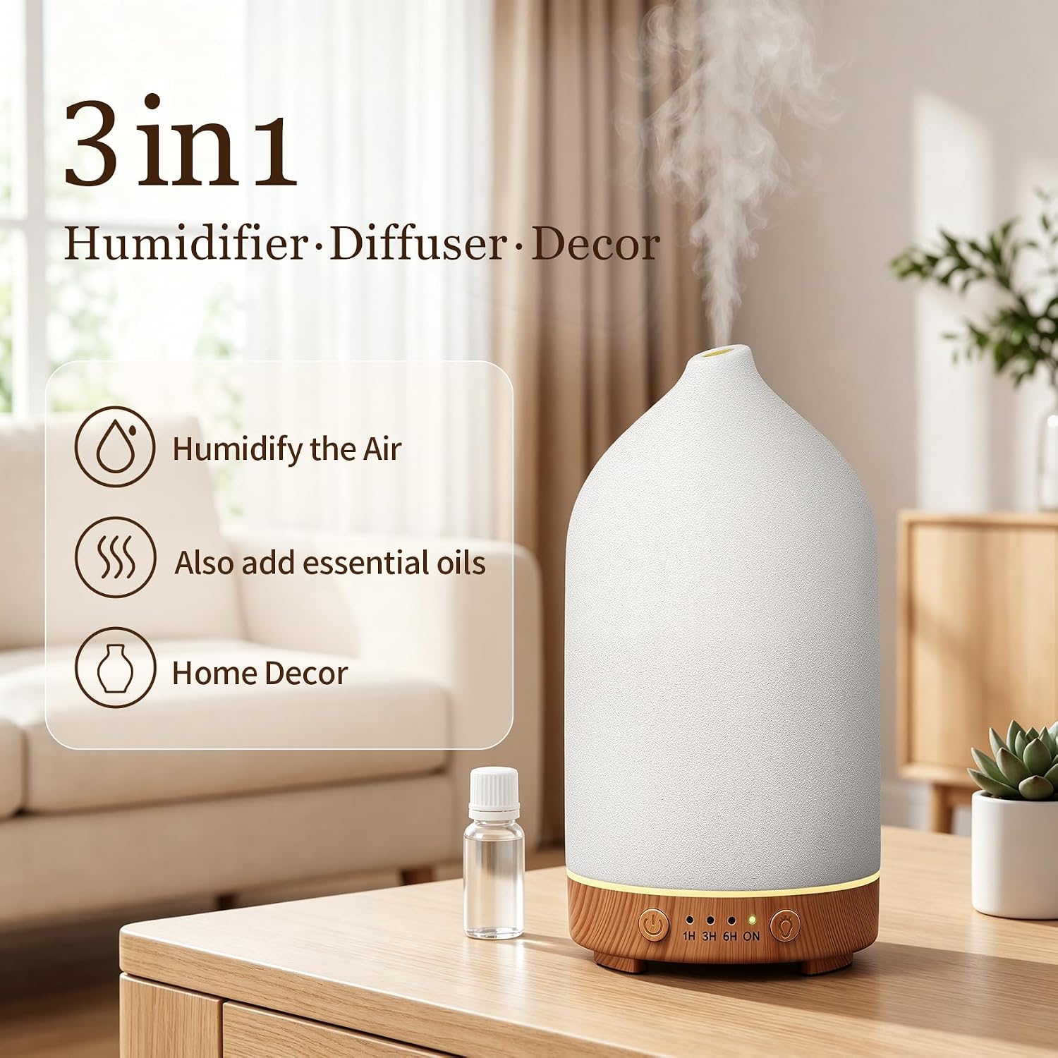 Gooamp 200ML Ceramic Essential Oil Diffuser for Home, Stone Diffuser | Ultrasonic Aromatherapy Diffuser & Air Humidifier for Bedroom, Office, Yoga, 7 LED Lights, Auto Shut-Off, 3 Timers,Wood Grain - Image 5