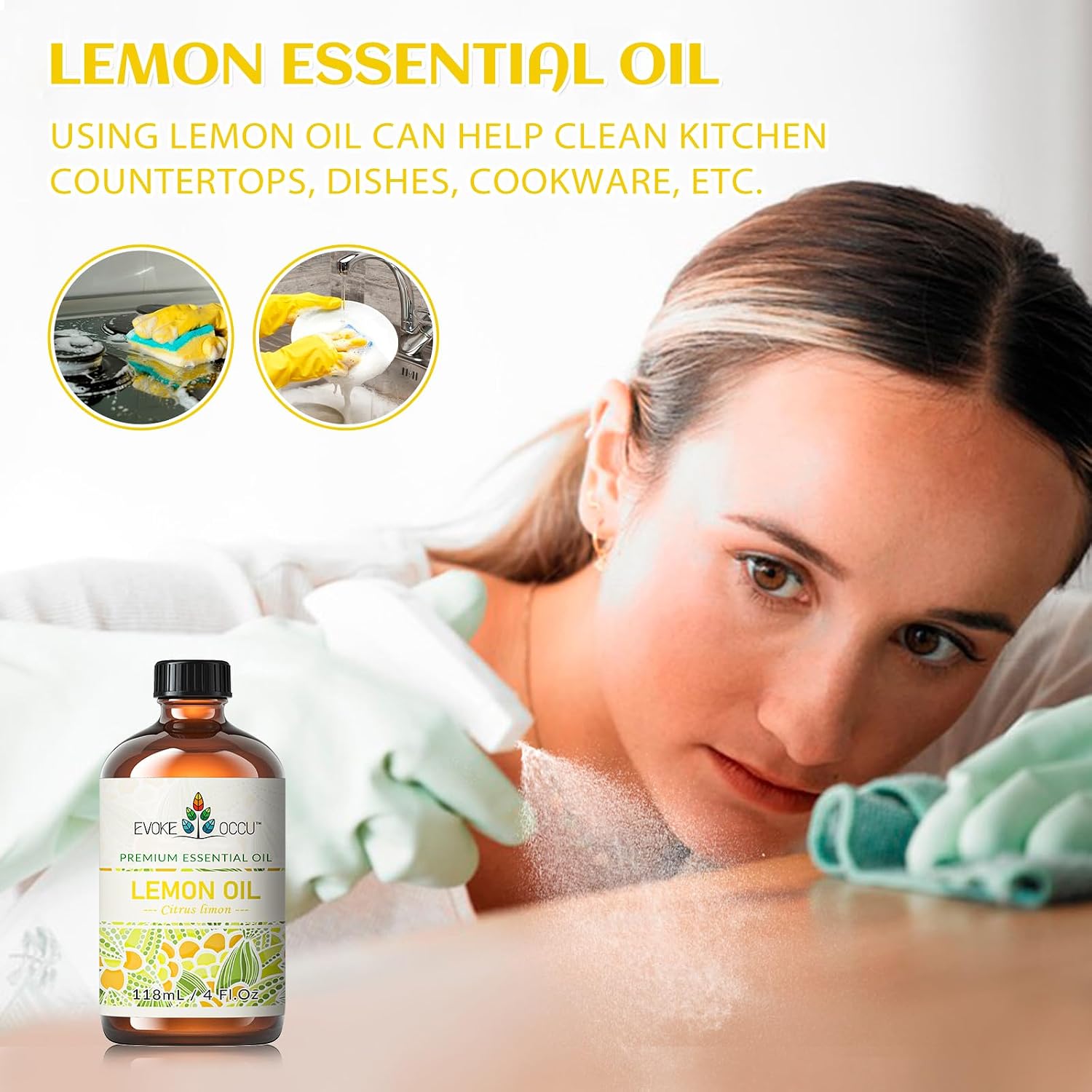 EVOKE OCCU Lemon Essential Oil for Cleansing Skin Home Diffuser Massage | DIY Cleaning Spray, Suitable for Cleaning Kitchen Countertops, Dishes, and Cookware, and for Freshening up – 118mL / 4 fl oz - Image 2